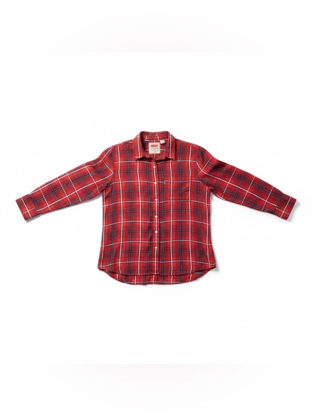 Levi’s Red Plaid Viscose High Low Blouse Size Large Lightweight Button Front